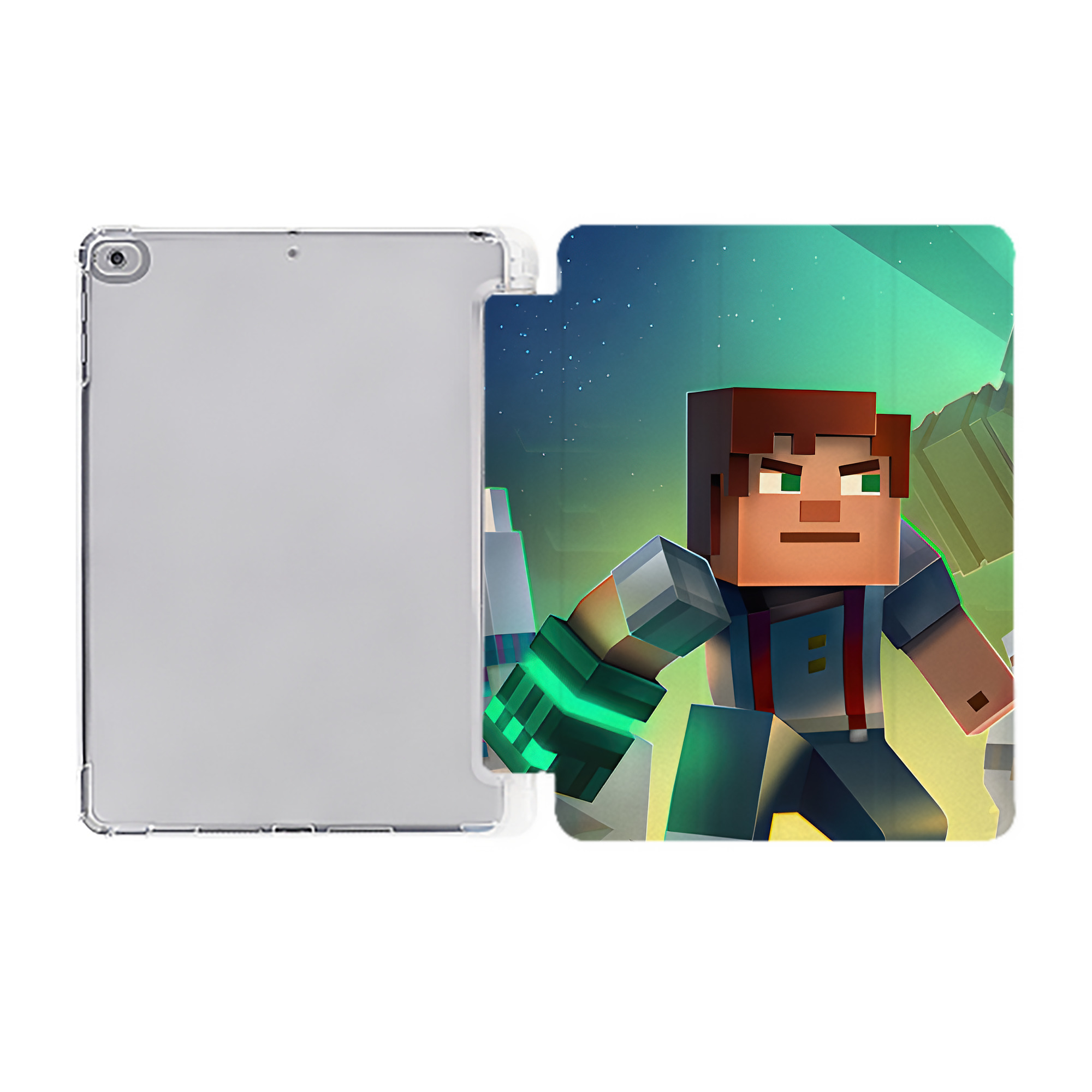 （画像用） マインクラフト ブロックの世界 Minecraft MC Block world IPad ケース ペン収納付き 三つ折りスタンド PUレザー×シリコン 対応機種9.5/10.5/10.9インチ